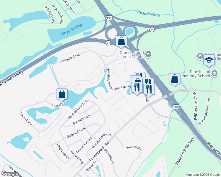 map of restaurants, bars, coffee shops, grocery stores, and more near 5206 Piemonte Lane in Myrtle Beach