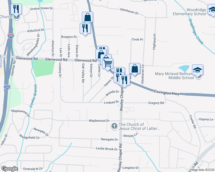 map of restaurants, bars, coffee shops, grocery stores, and more near 4221 Hanes Drive in Decatur