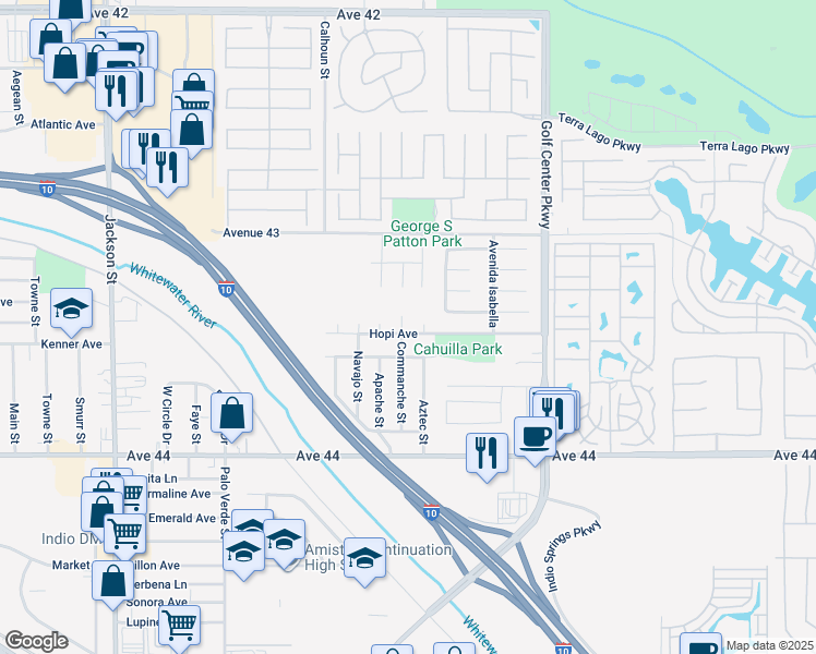 map of restaurants, bars, coffee shops, grocery stores, and more near 43395 Commanche Street in Indio