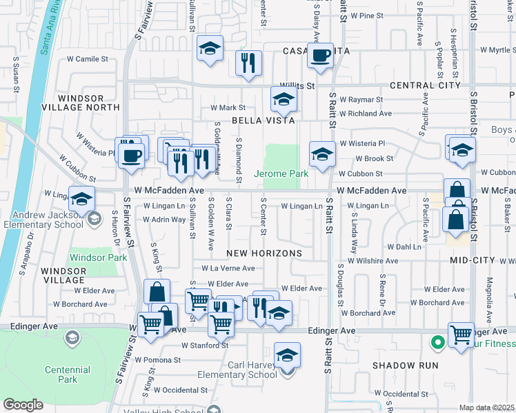 map of restaurants, bars, coffee shops, grocery stores, and more near 1100 South Center Street in Santa Ana