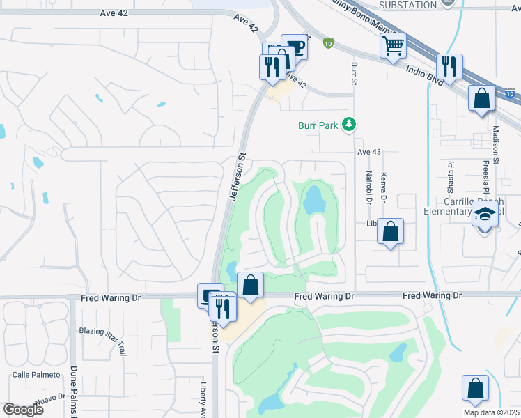 map of restaurants, bars, coffee shops, grocery stores, and more near 43401 Saint Andrews Drive in Indio