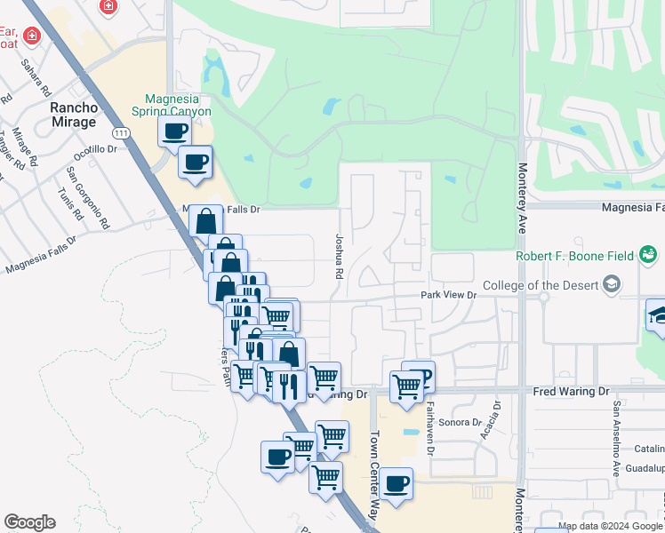 map of restaurants, bars, coffee shops, grocery stores, and more near 43297 Joshua Road in Rancho Mirage