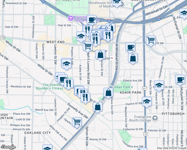 map of restaurants, bars, coffee shops, grocery stores, and more near 887 Beecher Street Southwest in Atlanta