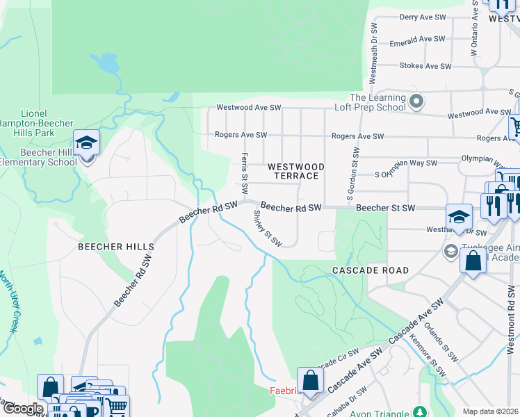 map of restaurants, bars, coffee shops, grocery stores, and more near 1980 Beecher Road Southwest in Atlanta