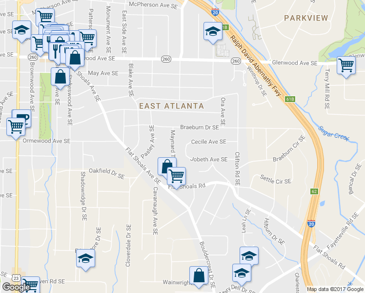 map of restaurants, bars, coffee shops, grocery stores, and more near 1612 Cecile Avenue Southeast in Atlanta