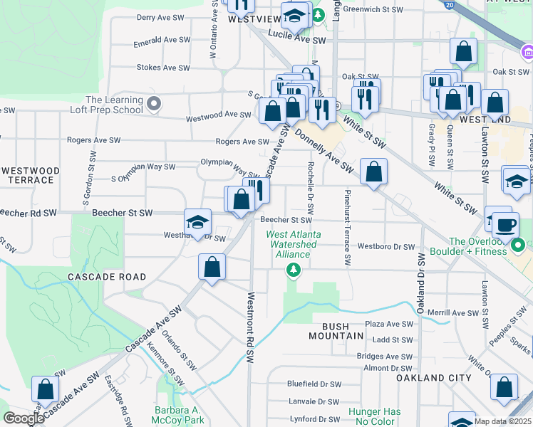 map of restaurants, bars, coffee shops, grocery stores, and more near 1493 Beecher Street Southwest in Atlanta
