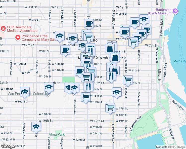 map of restaurants, bars, coffee shops, grocery stores, and more near 664 West 12th Street in Los Angeles