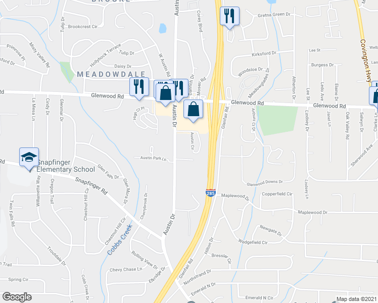 map of restaurants, bars, coffee shops, grocery stores, and more near 3840 Austin Circle in Decatur