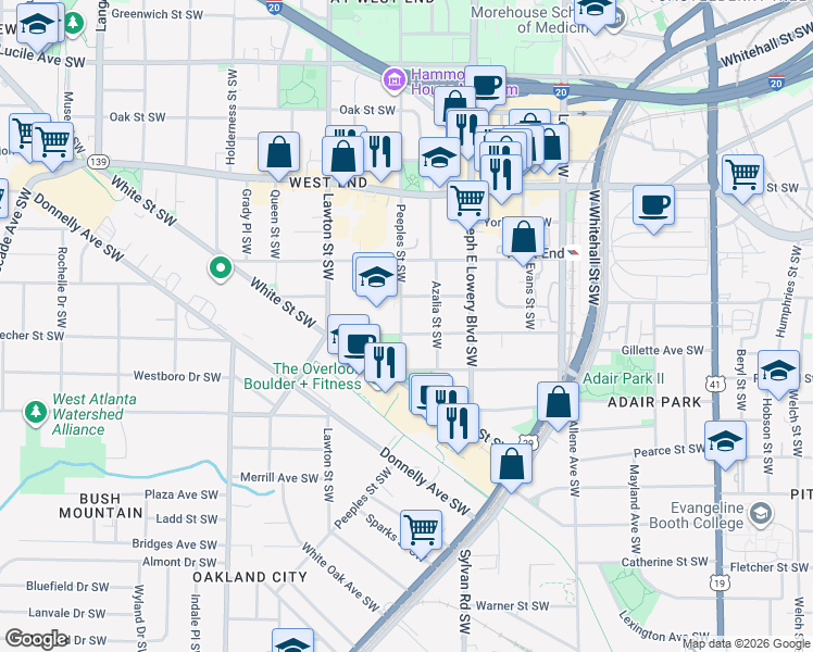map of restaurants, bars, coffee shops, grocery stores, and more near 973 Beecher Street Southwest in Atlanta
