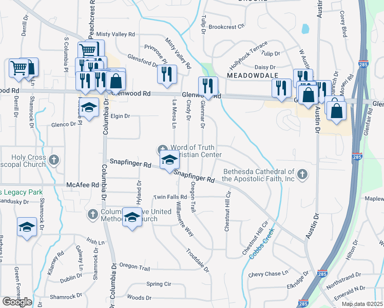 map of restaurants, bars, coffee shops, grocery stores, and more near 1949 Glenmar Drive in Decatur