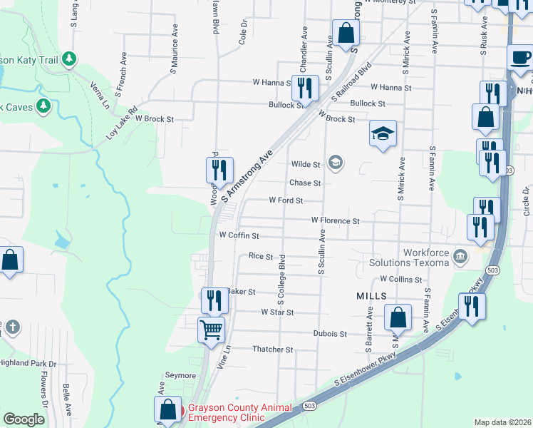 map of restaurants, bars, coffee shops, grocery stores, and more near 1013 West Florence Street in Denison