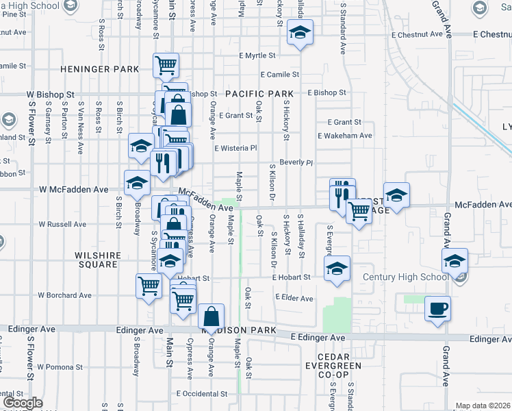 map of restaurants, bars, coffee shops, grocery stores, and more near 421 Old McFadden Avenue in Santa Ana