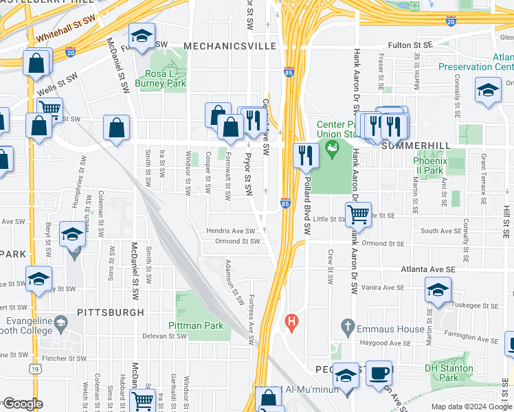 map of restaurants, bars, coffee shops, grocery stores, and more near 774 Pryor Street Southwest in Atlanta