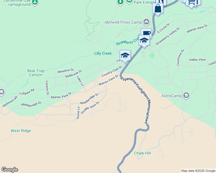 map of restaurants, bars, coffee shops, grocery stores, and more near 53655 Double View Drive in Idyllwild-Pine Cove