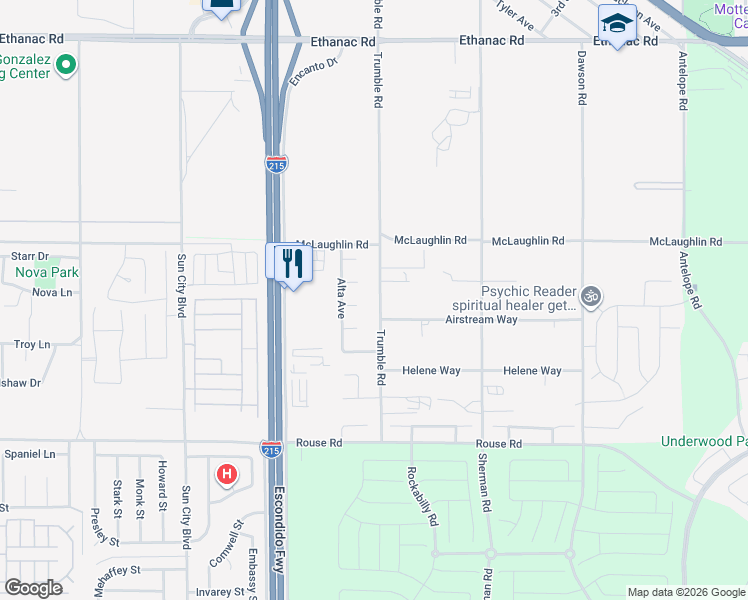 map of restaurants, bars, coffee shops, grocery stores, and more near 26648 Trumble Road in Menifee
