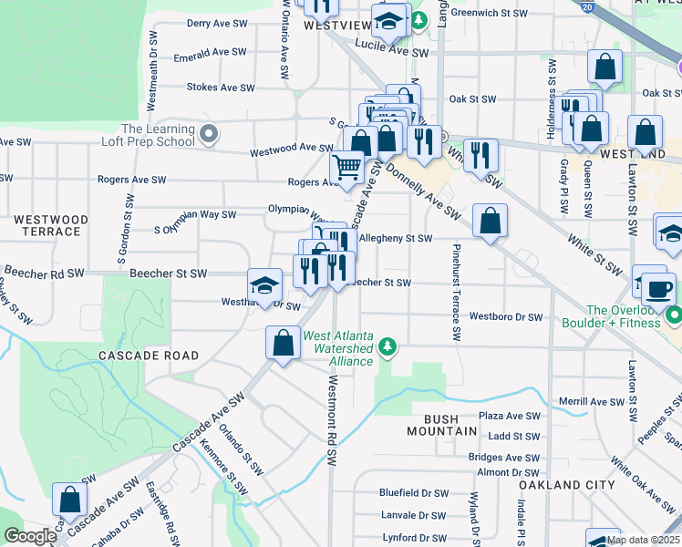 map of restaurants, bars, coffee shops, grocery stores, and more near 1493 Beecher Street Southwest in Atlanta