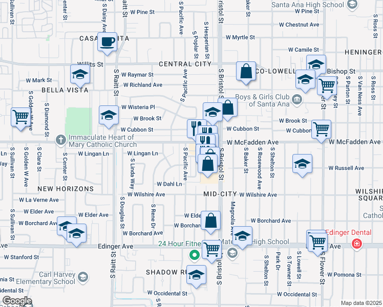 map of restaurants, bars, coffee shops, grocery stores, and more near 1123 South Pacific Avenue in Santa Ana