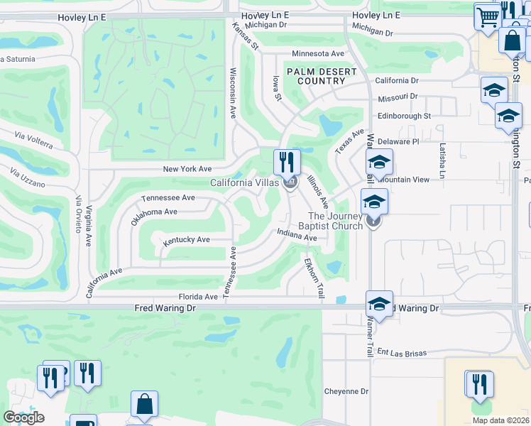 map of restaurants, bars, coffee shops, grocery stores, and more near 77330 New Mexico Drive in Palm Desert