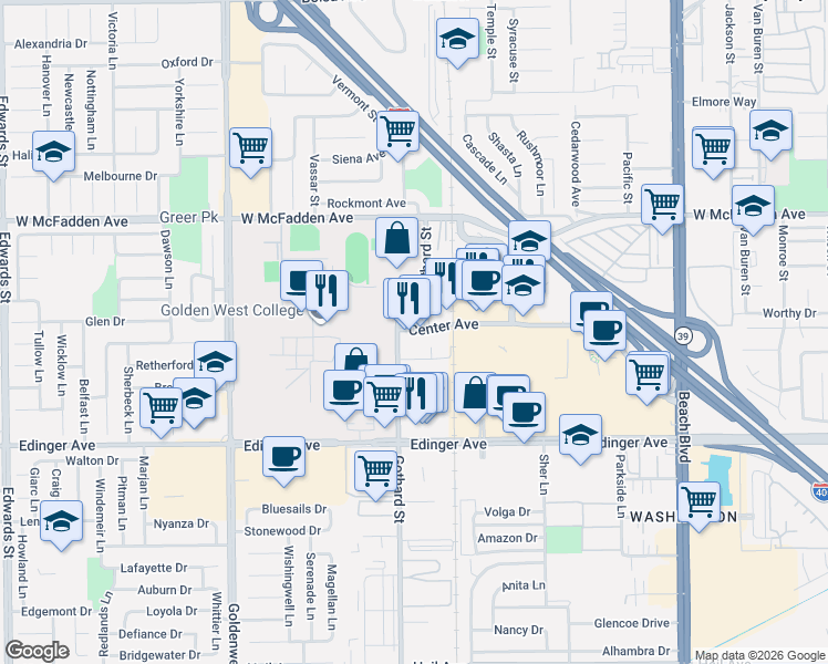 map of restaurants, bars, coffee shops, grocery stores, and more near 7400 Center Avenue in Huntington Beach