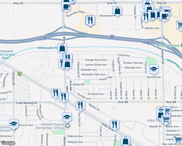 map of restaurants, bars, coffee shops, grocery stores, and more near 82278 Mountain View Avenue in Indio