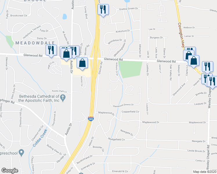 map of restaurants, bars, coffee shops, grocery stores, and more near 1941 Glenwood Downs Drive in Decatur