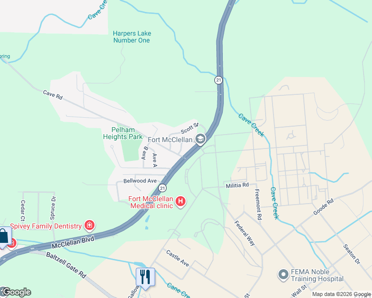map of restaurants, bars, coffee shops, grocery stores, and more near 6714 McClellan Boulevard in Anniston