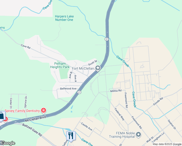 map of restaurants, bars, coffee shops, grocery stores, and more near 6716 McClellan Boulevard in Anniston
