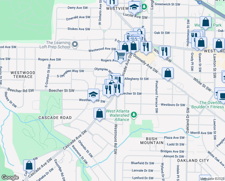 map of restaurants, bars, coffee shops, grocery stores, and more near 1535 Beecher Street Southwest in Atlanta