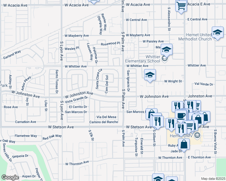 map of restaurants, bars, coffee shops, grocery stores, and more near 710 Santa Clara Circle in Hemet