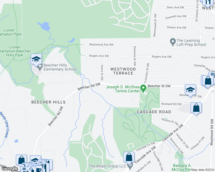 map of restaurants, bars, coffee shops, grocery stores, and more near 2158 Beecher Street Southwest in Atlanta