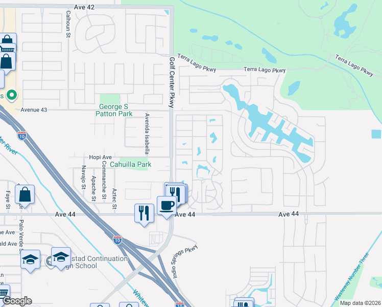 map of restaurants, bars, coffee shops, grocery stores, and more near 84136 Avenue 44 in Indio