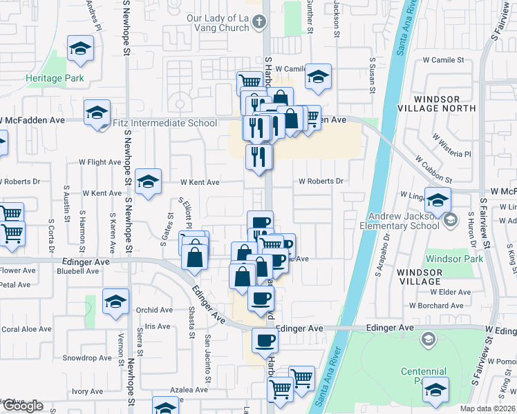 map of restaurants, bars, coffee shops, grocery stores, and more near 3810 West Kent Avenue in Santa Ana