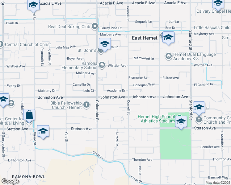 map of restaurants, bars, coffee shops, grocery stores, and more near 41141 Academy Drive in Hemet