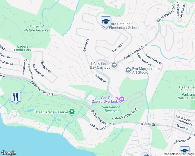 map of restaurants, bars, coffee shops, grocery stores, and more near 31237 Ganado Drive in Rancho Palos Verdes
