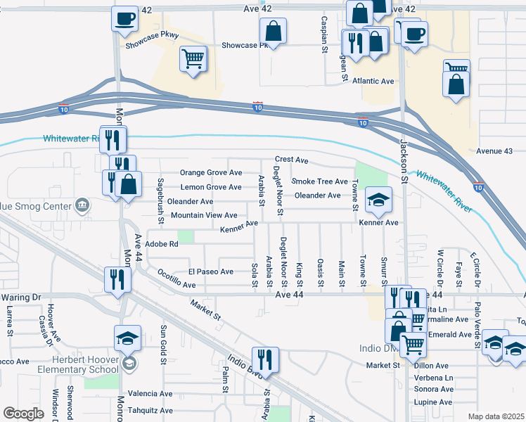 map of restaurants, bars, coffee shops, grocery stores, and more near 43445 Deglet Noor Street in Indio