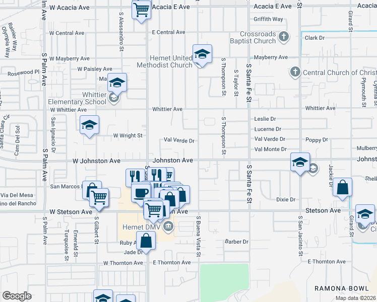 map of restaurants, bars, coffee shops, grocery stores, and more near 887 Douglas Court in Hemet
