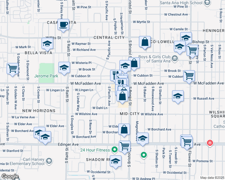 map of restaurants, bars, coffee shops, grocery stores, and more near 1123 South Pacific Avenue in Santa Ana