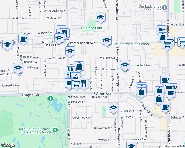 map of restaurants, bars, coffee shops, grocery stores, and more near 1029 South Corta Drive in Santa Ana