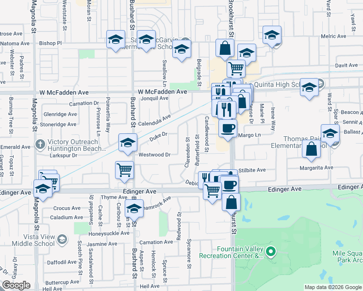 map of restaurants, bars, coffee shops, grocery stores, and more near 15792 Clarendon Street in Westminster