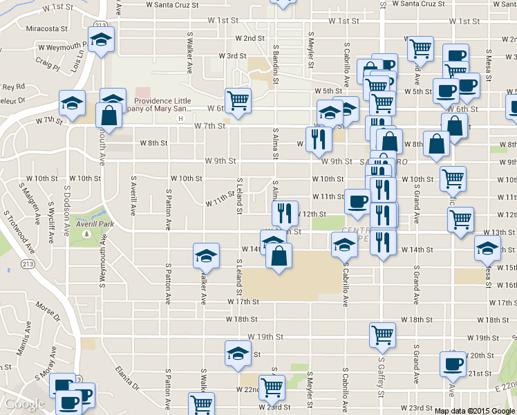 map of restaurants, bars, coffee shops, grocery stores, and more near 1068 West 12th Street in Los Angeles