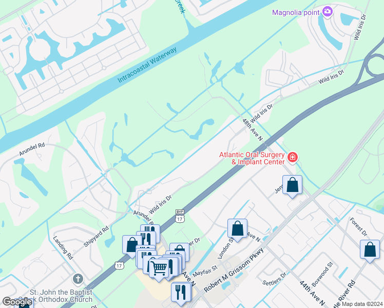 map of restaurants, bars, coffee shops, grocery stores, and more near 4709 Wild Iris Drive in Myrtle Beach