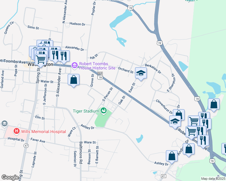 map of restaurants, bars, coffee shops, grocery stores, and more near 110 South Pecan Street in Washington