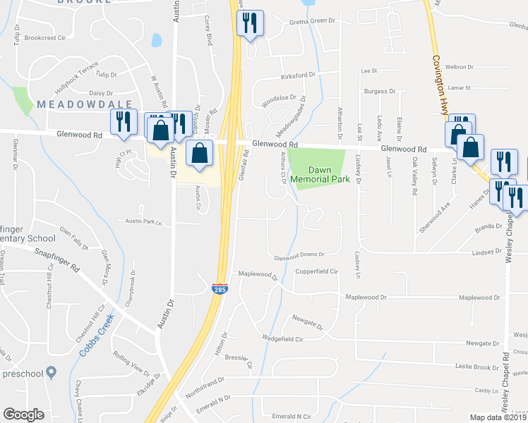 map of restaurants, bars, coffee shops, grocery stores, and more near 1941 Glenwood Downs Drive in Decatur