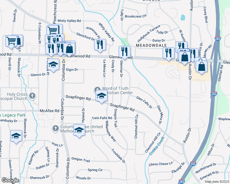map of restaurants, bars, coffee shops, grocery stores, and more near 1949 Glenmar Drive in Decatur