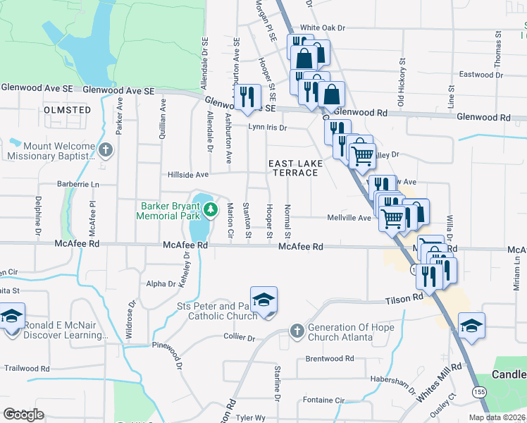 map of restaurants, bars, coffee shops, grocery stores, and more near 1968 Hooper Street in Decatur