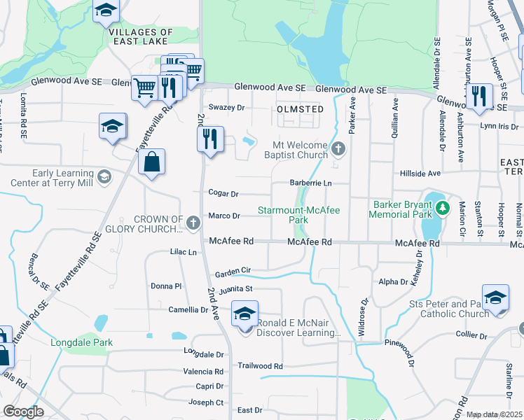 map of restaurants, bars, coffee shops, grocery stores, and more near 2054 Marco Drive in Decatur