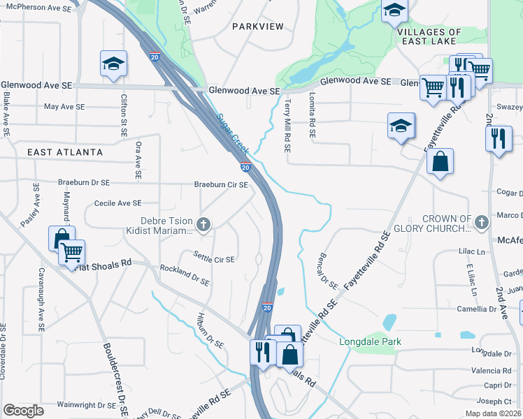 map of restaurants, bars, coffee shops, grocery stores, and more near 1536 Sylvester Circle in Atlanta