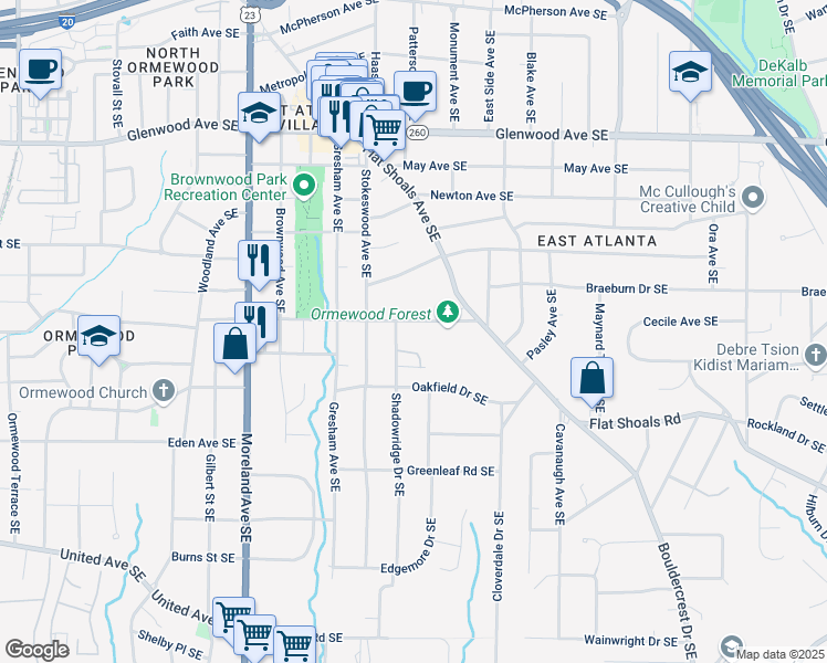 map of restaurants, bars, coffee shops, grocery stores, and more near 1367 Ormewood Avenue Southeast in Atlanta