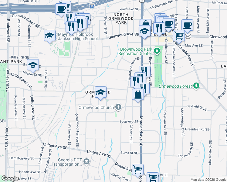 map of restaurants, bars, coffee shops, grocery stores, and more near 1023 Ormewood Avenue Southeast in Atlanta