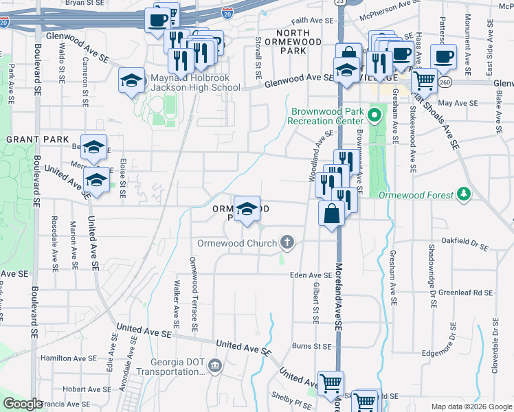 map of restaurants, bars, coffee shops, grocery stores, and more near 1023 Ormewood Avenue Southeast in Atlanta